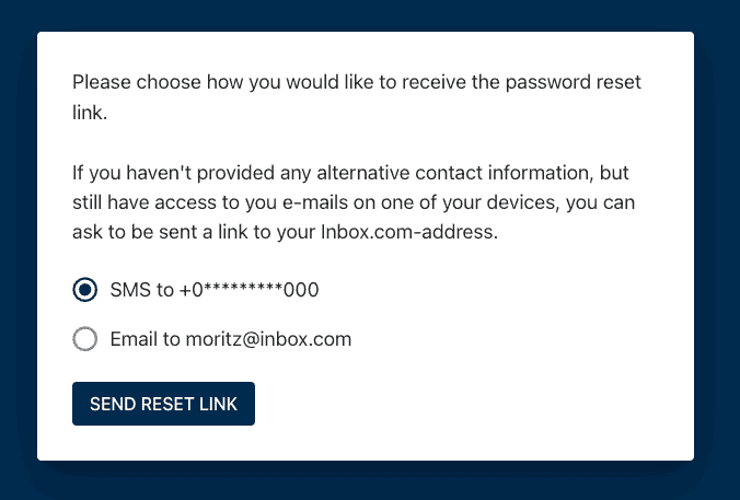 inbox.com select recovery method password reset